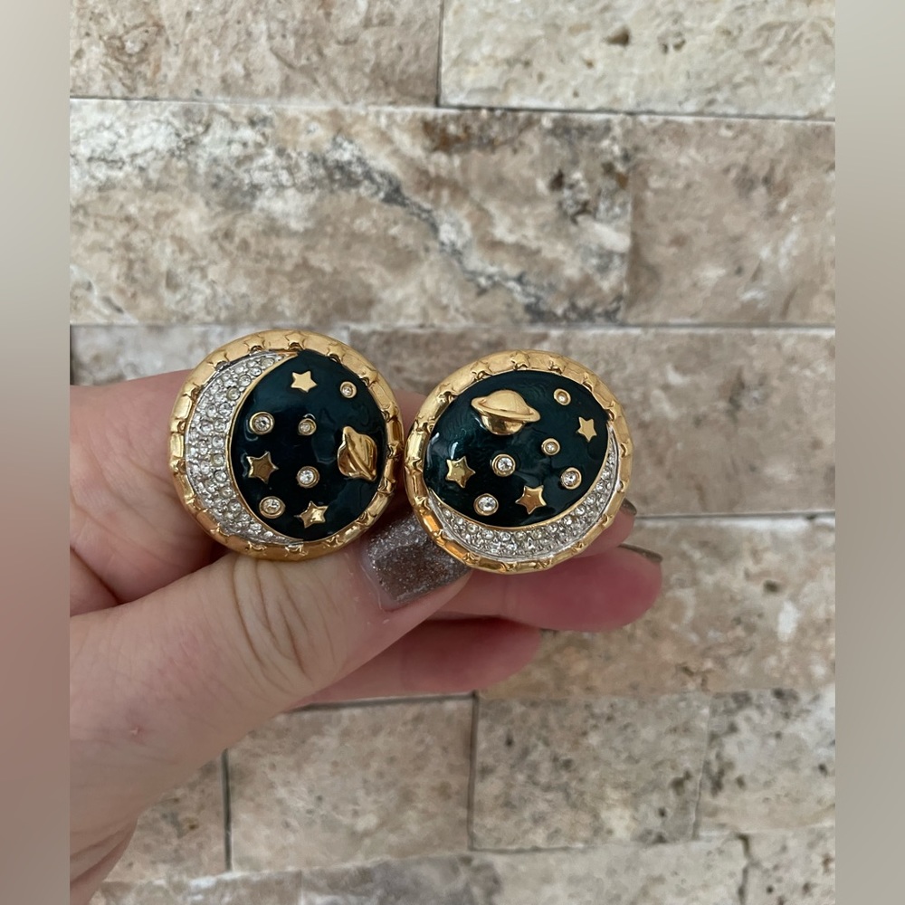 Rare Vintage Swarovski Celestial Moon Stars Saturn Enamel Clip-on Earrings